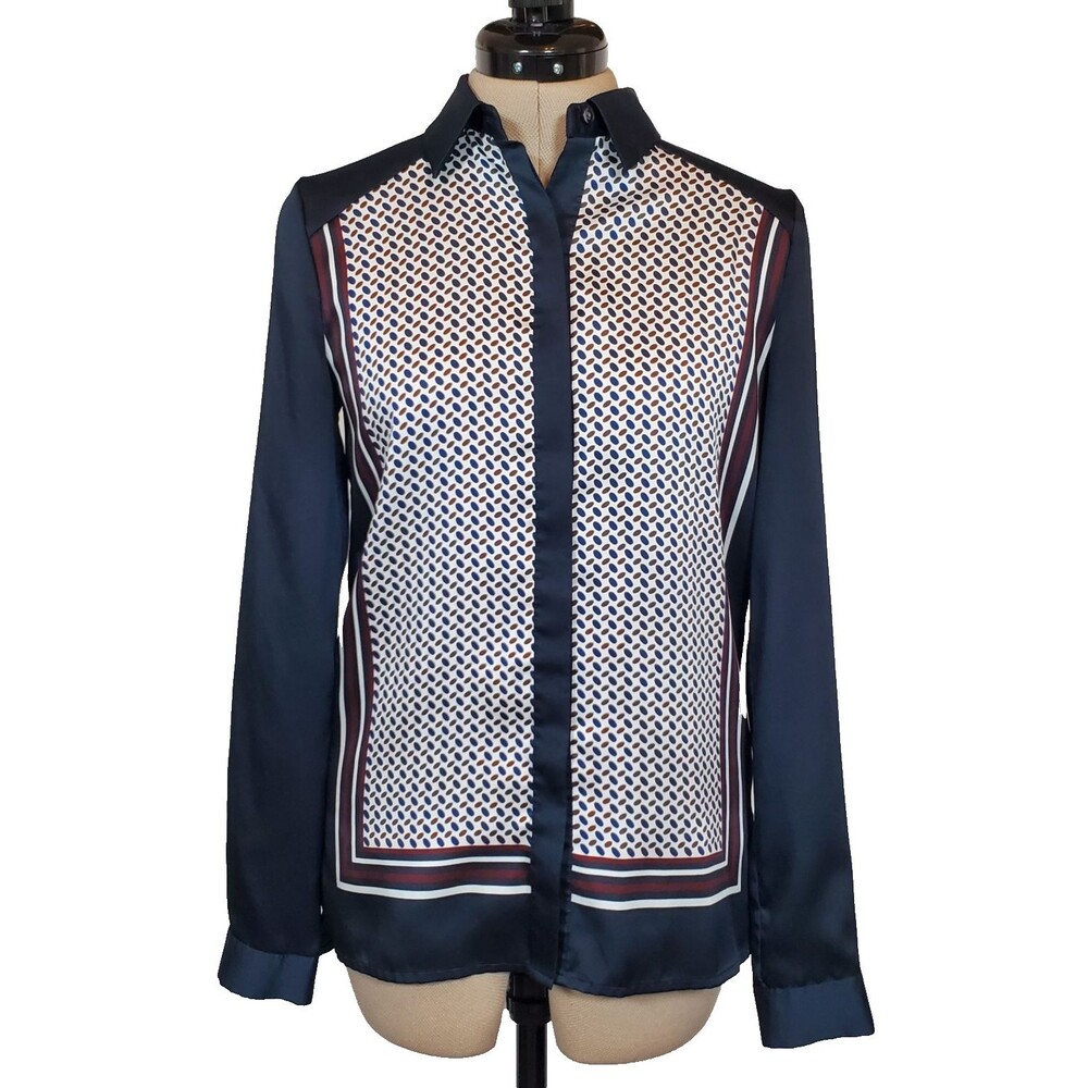 Ann Taylor Women’s Satin Button-up Shirt Size XXS Blue White Lightweight